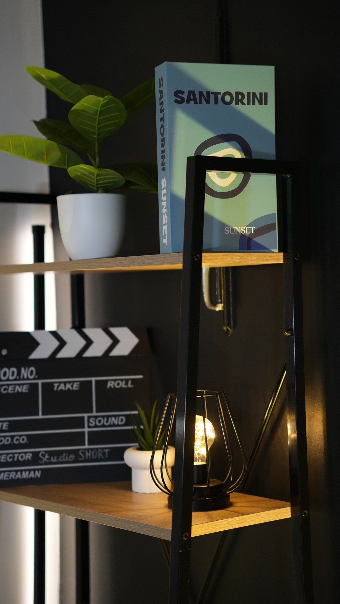Étagère du studio avec clap Studio Short, plantes, livre Santorini et lampe chaleureuse
